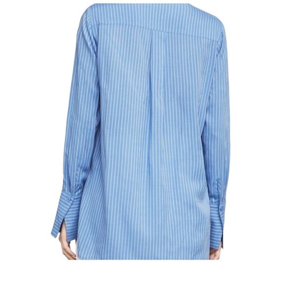 BCBGMAXAZRIA GINEVRA Striped Blue Scoop-Neck Wrap Hi-Lo Long Sleeve Blouse L - Picture 3 of 10